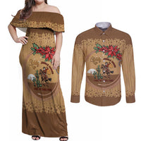 Cowboy Christmas Couples Matching Off Shoulder Maxi Dress and Long Sleeve Button Shirt Giddy Up Jingle Horse Brown Version - Wonder Print Shop