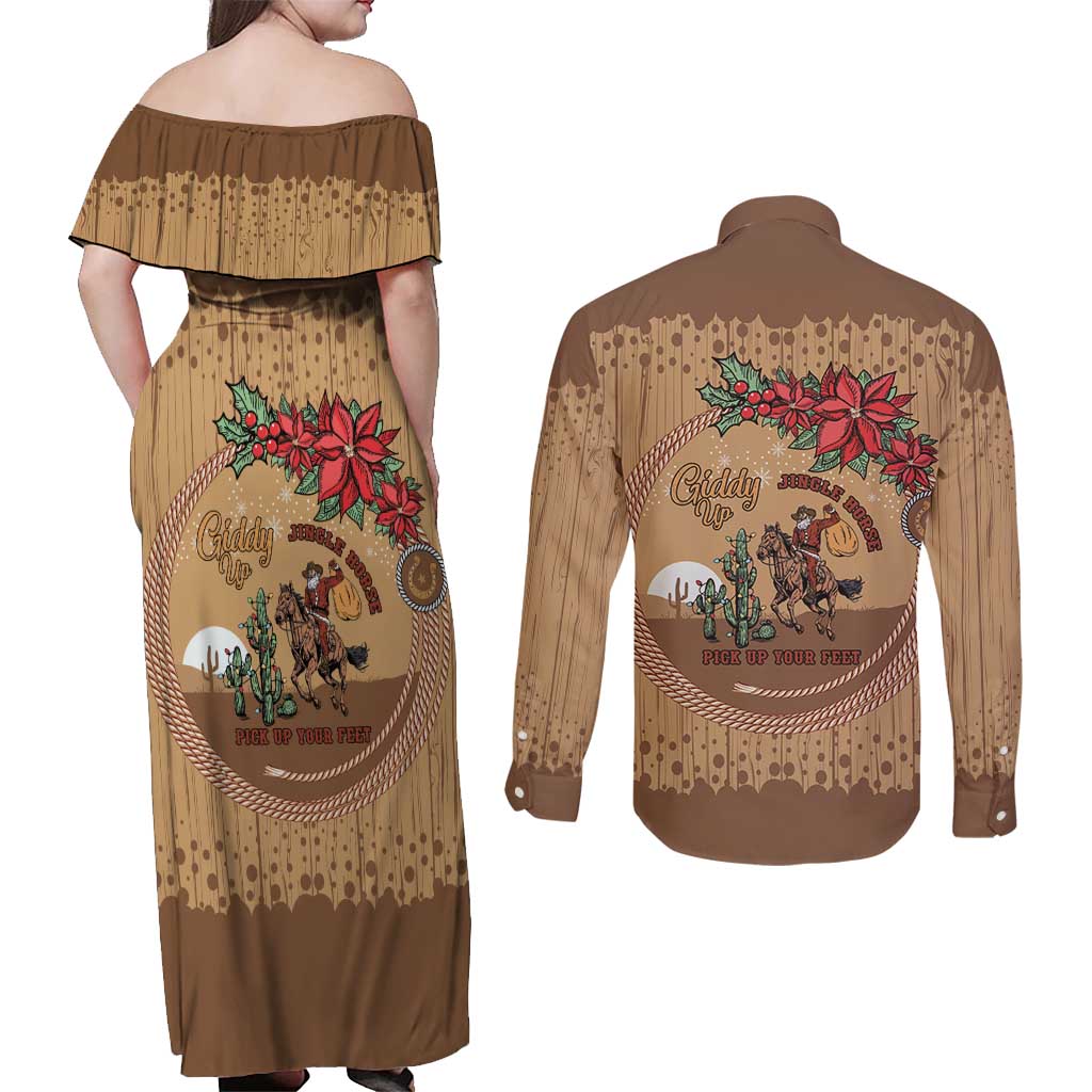 Cowboy Christmas Couples Matching Off Shoulder Maxi Dress and Long Sleeve Button Shirt Giddy Up Jingle Horse Brown Version - Wonder Print Shop