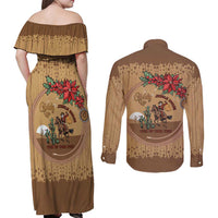 Cowboy Christmas Couples Matching Off Shoulder Maxi Dress and Long Sleeve Button Shirt Giddy Up Jingle Horse Brown Version - Wonder Print Shop