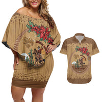 Cowboy Christmas Couples Matching Off Shoulder Short Dress and Hawaiian Shirt Giddy Up Jingle Horse Brown Version - Wonder Print Shop