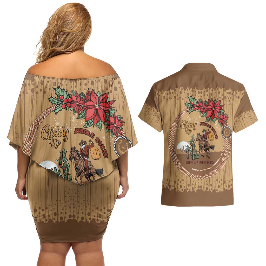 Cowboy Christmas Couples Matching Off Shoulder Short Dress and Hawaiian Shirt Giddy Up Jingle Horse Brown Version - Wonder Print Shop
