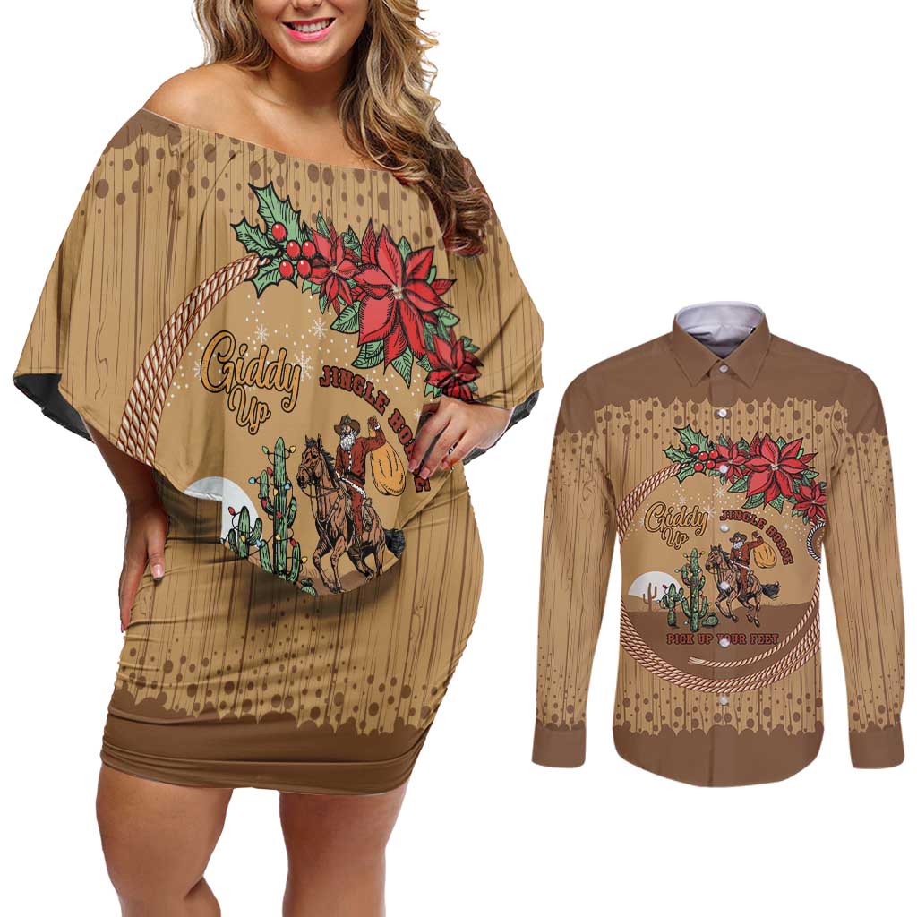 Cowboy Christmas Couples Matching Off Shoulder Short Dress and Long Sleeve Button Shirt Giddy Up Jingle Horse Brown Version - Wonder Print Shop