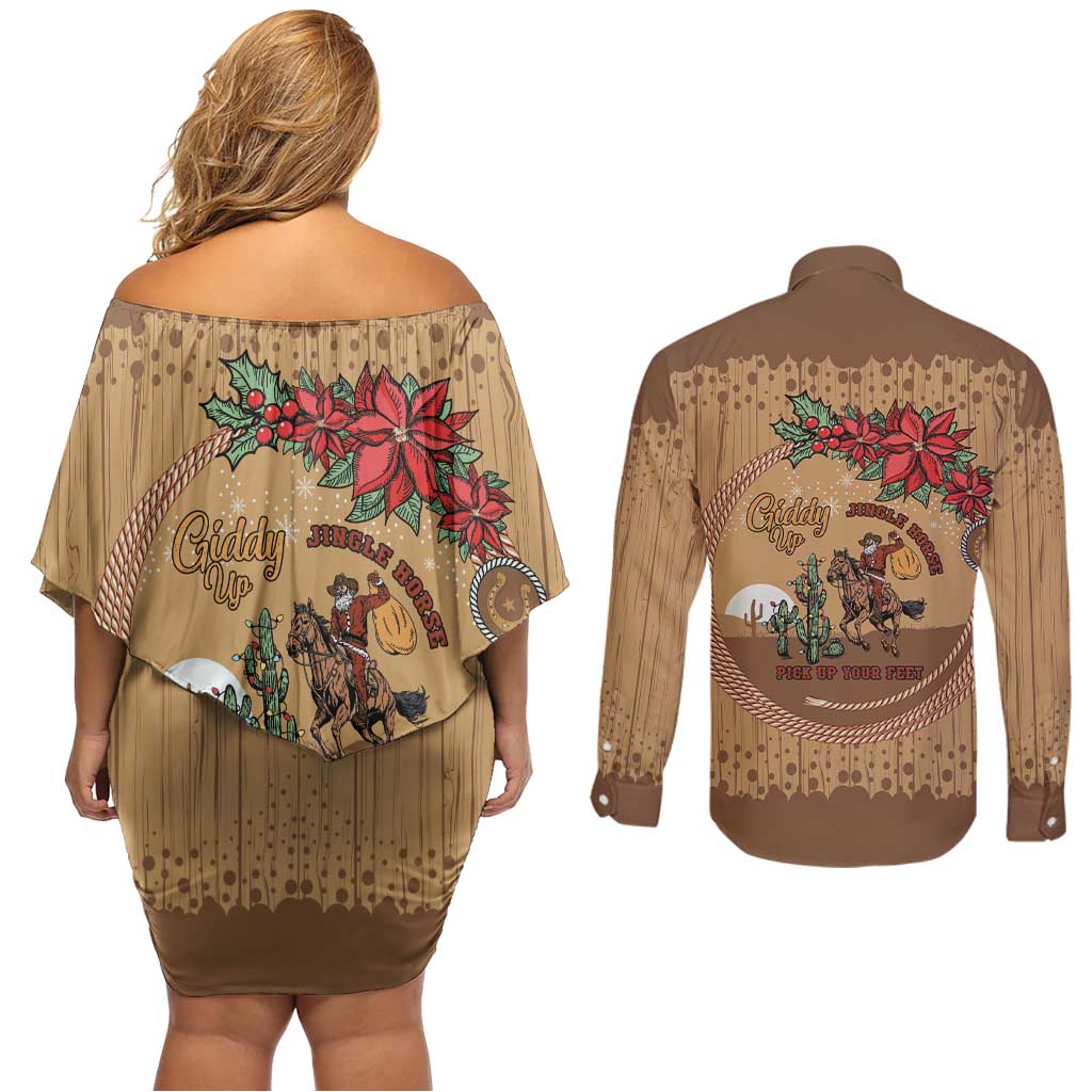 Cowboy Christmas Couples Matching Off Shoulder Short Dress and Long Sleeve Button Shirt Giddy Up Jingle Horse Brown Version - Wonder Print Shop