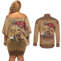 Cowboy Christmas Couples Matching Off Shoulder Short Dress and Long Sleeve Button Shirt Giddy Up Jingle Horse Brown Version - Wonder Print Shop