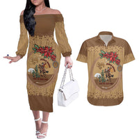 Cowboy Christmas Couples Matching Off The Shoulder Long Sleeve Dress and Hawaiian Shirt Giddy Up Jingle Horse Brown Version - Wonder Print Shop