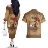Cowboy Christmas Couples Matching Off The Shoulder Long Sleeve Dress and Hawaiian Shirt Giddy Up Jingle Horse Brown Version - Wonder Print Shop