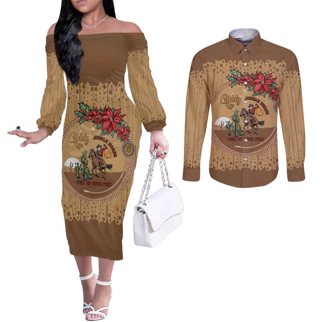 Cowboy Christmas Couples Matching Off The Shoulder Long Sleeve Dress and Long Sleeve Button Shirt Giddy Up Jingle Horse Brown Version - Wonder Print Shop