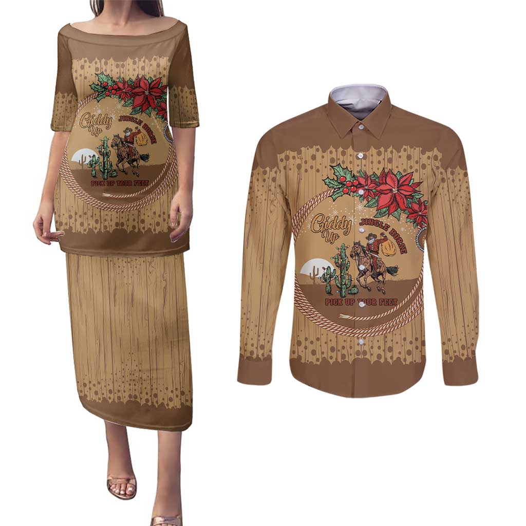 Cowboy Christmas Couples Matching Puletasi and Long Sleeve Button Shirt Giddy Up Jingle Horse Brown Version - Wonder Print Shop