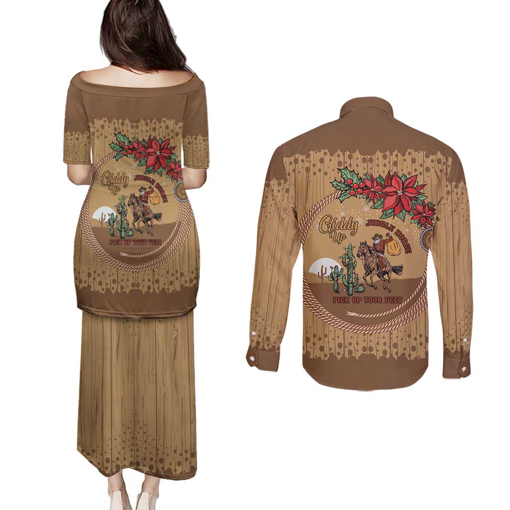 Cowboy Christmas Couples Matching Puletasi and Long Sleeve Button Shirt Giddy Up Jingle Horse Brown Version - Wonder Print Shop