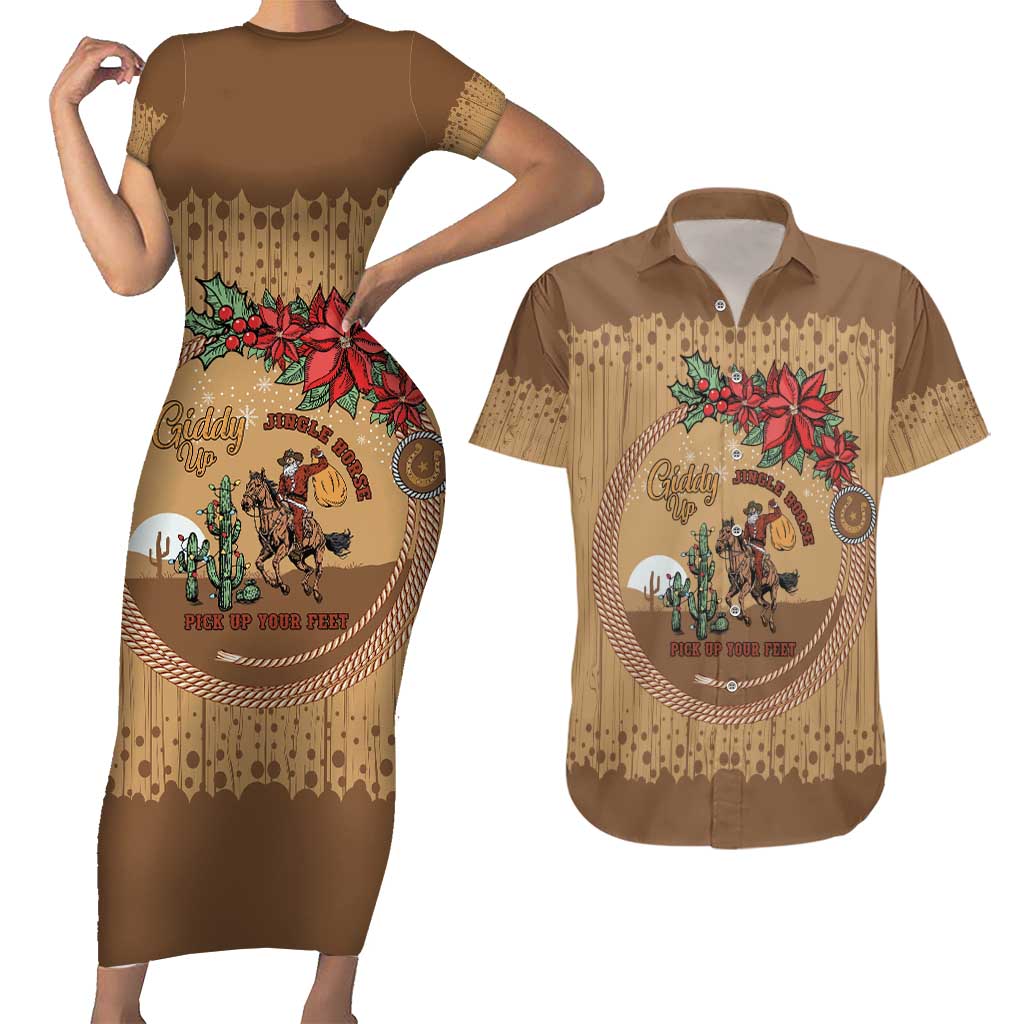 Cowboy Christmas Couples Matching Short Sleeve Bodycon Dress and Hawaiian Shirt Giddy Up Jingle Horse Brown Version - Wonder Print Shop