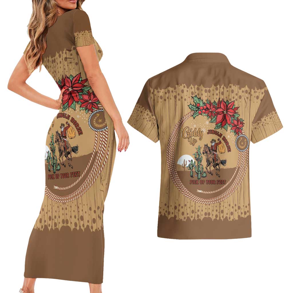 Cowboy Christmas Couples Matching Short Sleeve Bodycon Dress and Hawaiian Shirt Giddy Up Jingle Horse Brown Version - Wonder Print Shop
