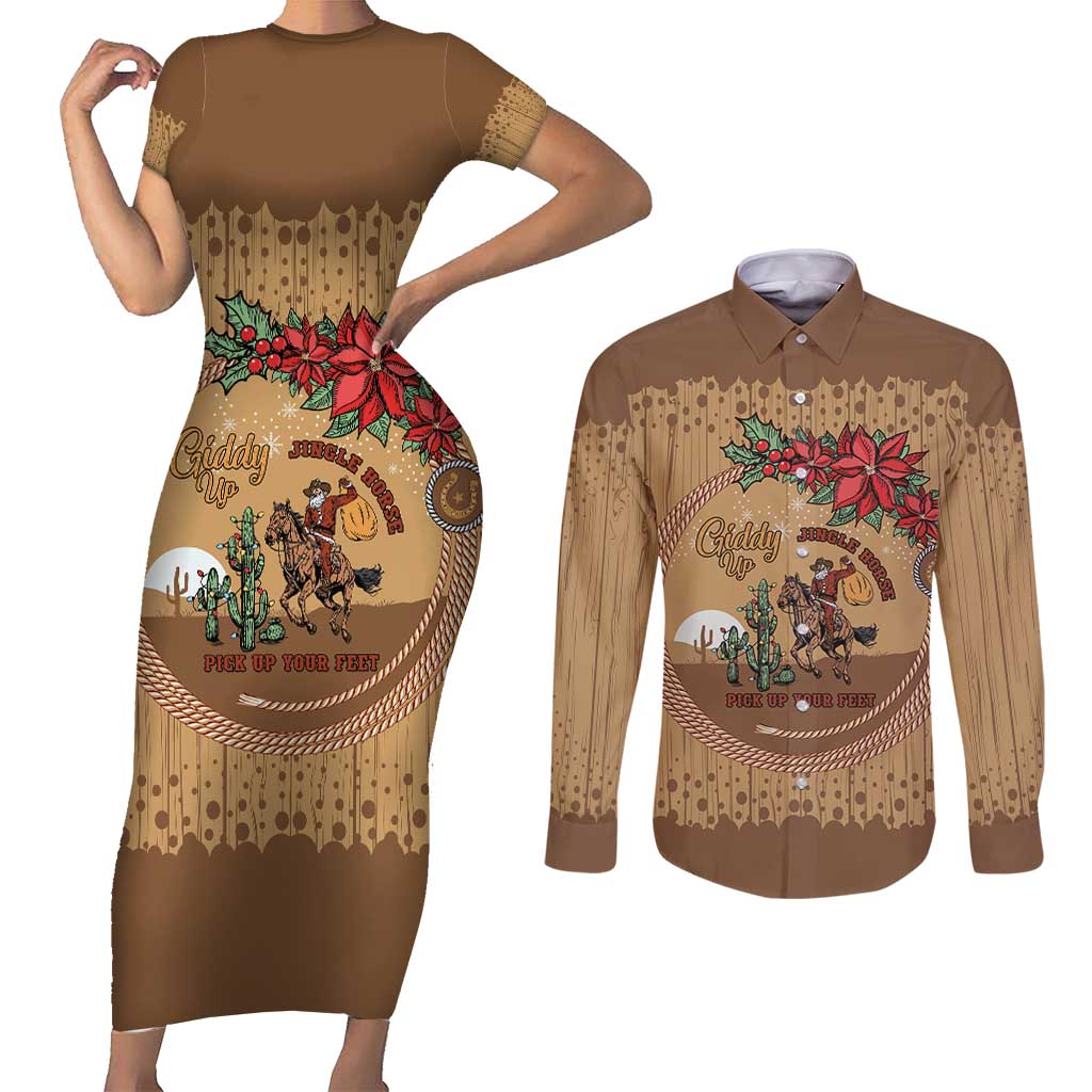 Cowboy Christmas Couples Matching Short Sleeve Bodycon Dress and Long Sleeve Button Shirt Giddy Up Jingle Horse Brown Version - Wonder Print Shop