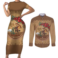 Cowboy Christmas Couples Matching Short Sleeve Bodycon Dress and Long Sleeve Button Shirt Giddy Up Jingle Horse Brown Version - Wonder Print Shop