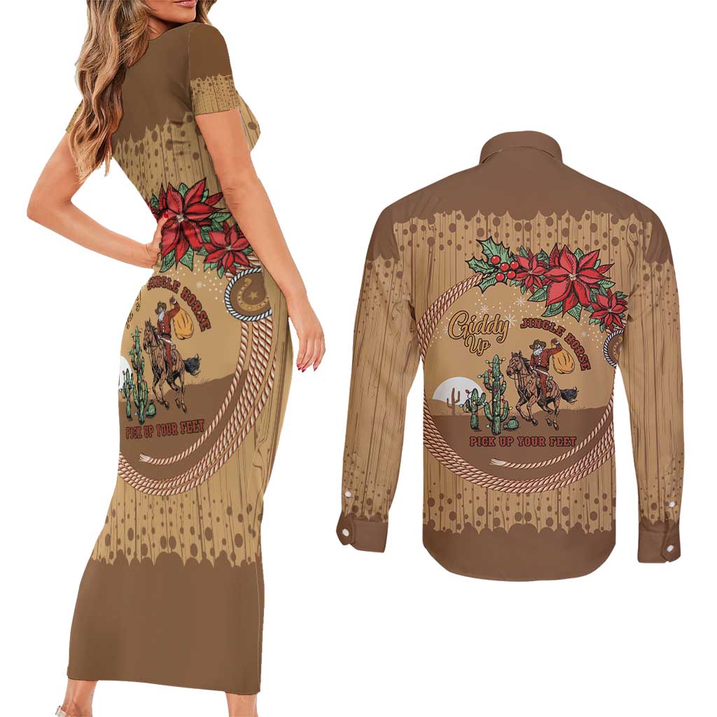 Cowboy Christmas Couples Matching Short Sleeve Bodycon Dress and Long Sleeve Button Shirt Giddy Up Jingle Horse Brown Version - Wonder Print Shop