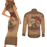 Cowboy Christmas Couples Matching Short Sleeve Bodycon Dress and Long Sleeve Button Shirt Giddy Up Jingle Horse Brown Version - Wonder Print Shop