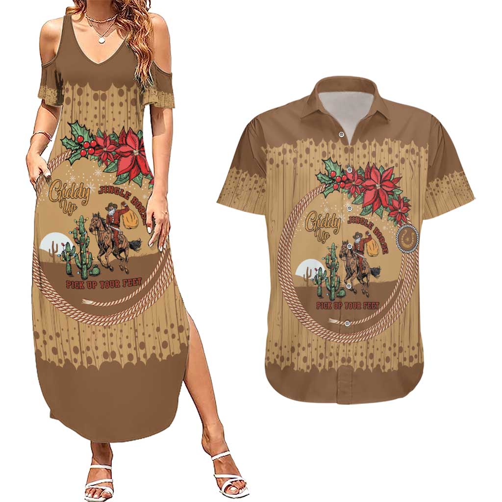 Cowboy Christmas Couples Matching Summer Maxi Dress and Hawaiian Shirt Giddy Up Jingle Horse Brown Version - Wonder Print Shop