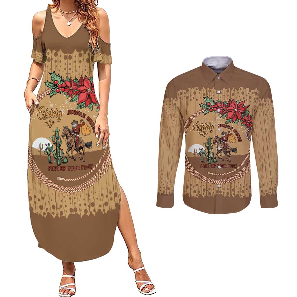 Cowboy Christmas Couples Matching Summer Maxi Dress and Long Sleeve Button Shirt Giddy Up Jingle Horse Brown Version - Wonder Print Shop
