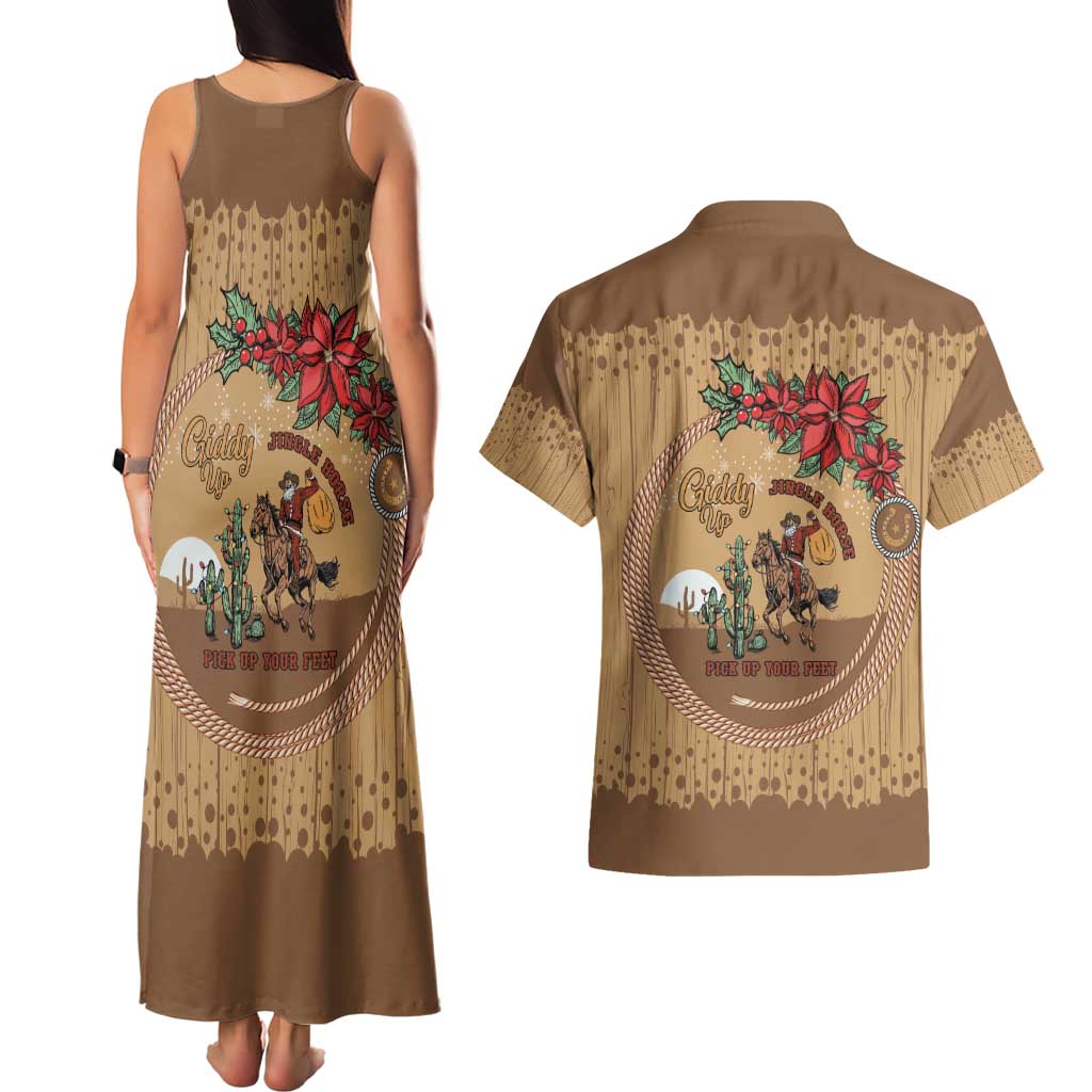 Cowboy Christmas Couples Matching Tank Maxi Dress and Hawaiian Shirt Giddy Up Jingle Horse Brown Version - Wonder Print Shop