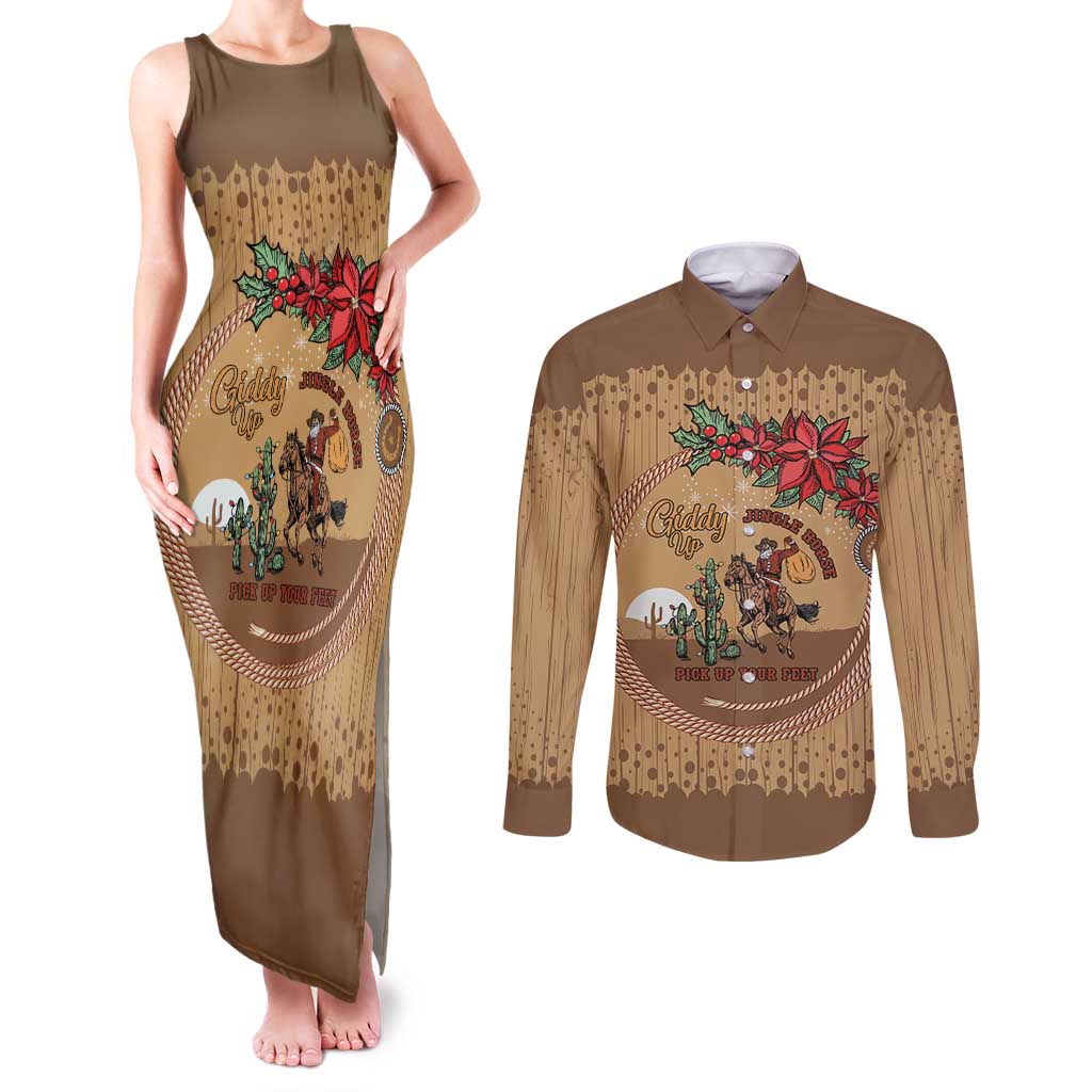 Cowboy Christmas Couples Matching Tank Maxi Dress and Long Sleeve Button Shirt Giddy Up Jingle Horse Brown Version - Wonder Print Shop