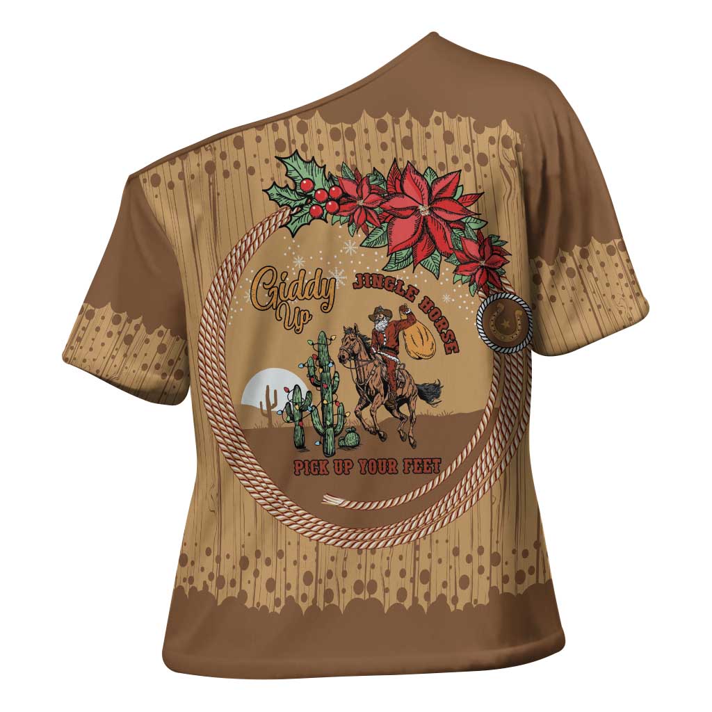 Cowboy Christmas Cross Shoulder Shirt Giddy Up Jingle Horse Brown Version - Wonder Print Shop