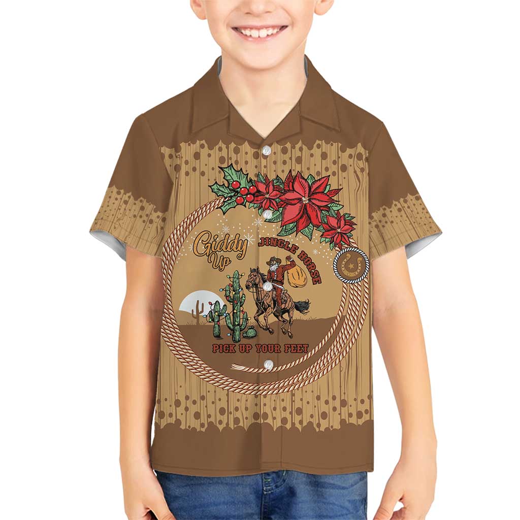 Cowboy Christmas Family Matching Long Sleeve Bodycon Dress and Hawaiian Shirt Giddy Up Jingle Horse Brown Version - Wonder Print Shop