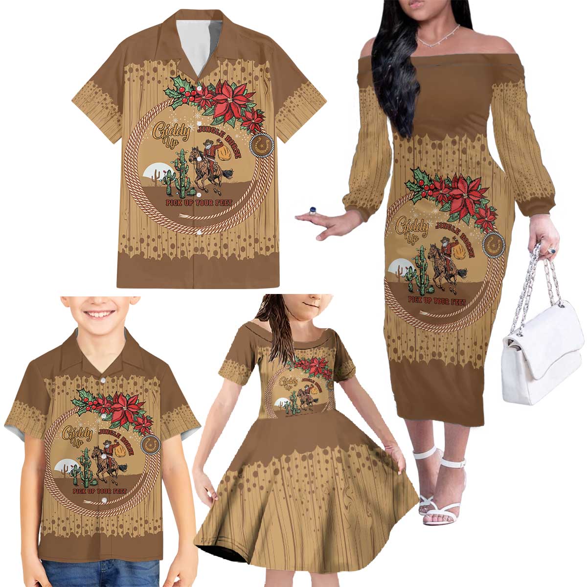 Cowboy Christmas Family Matching Off The Shoulder Long Sleeve Dress and Hawaiian Shirt Giddy Up Jingle Horse Brown Version - Wonder Print Shop
