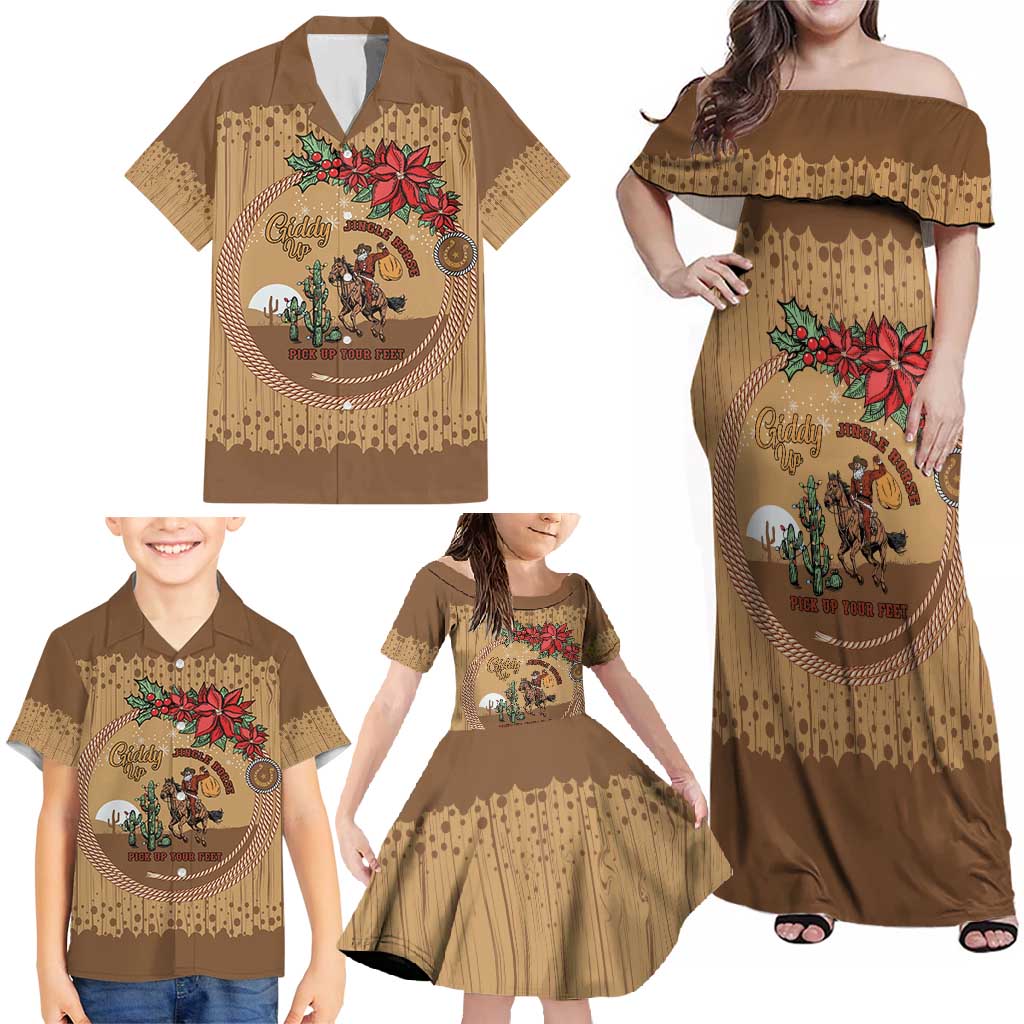 Cowboy Christmas Family Matching Off Shoulder Maxi Dress and Hawaiian Shirt Giddy Up Jingle Horse Brown Version - Wonder Print Shop