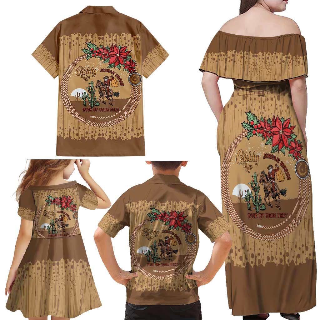 Cowboy Christmas Family Matching Off Shoulder Maxi Dress and Hawaiian Shirt Giddy Up Jingle Horse Brown Version - Wonder Print Shop