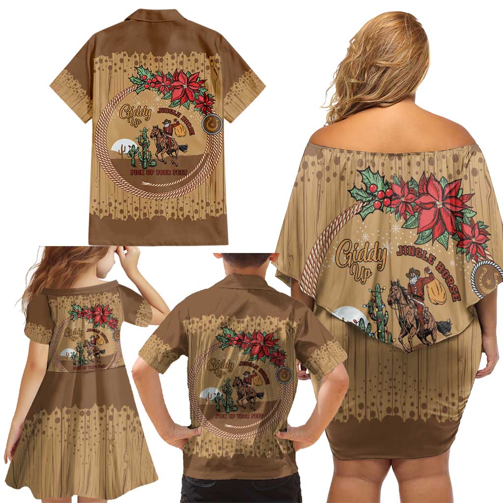 Cowboy Christmas Family Matching Off Shoulder Short Dress and Hawaiian Shirt Giddy Up Jingle Horse Brown Version - Wonder Print Shop