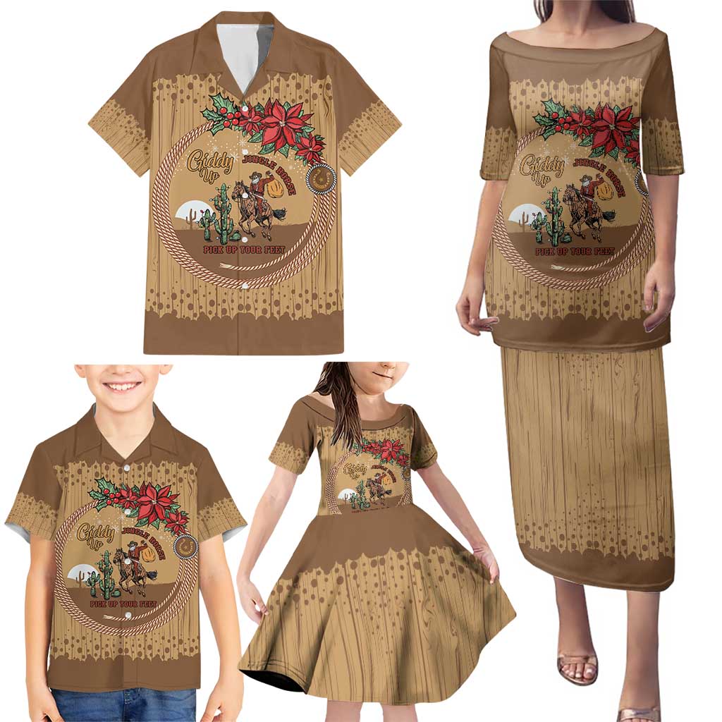 Cowboy Christmas Family Matching Puletasi and Hawaiian Shirt Giddy Up Jingle Horse Brown Version - Wonder Print Shop