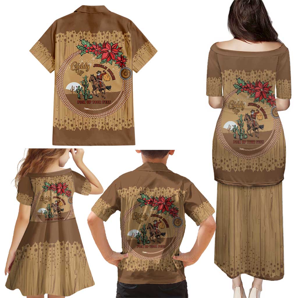 Cowboy Christmas Family Matching Puletasi and Hawaiian Shirt Giddy Up Jingle Horse Brown Version - Wonder Print Shop