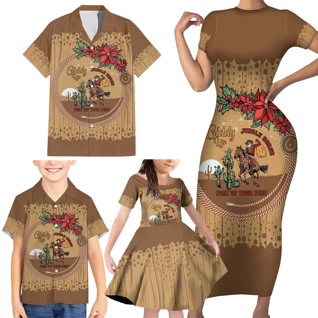 Cowboy Christmas Family Matching Short Sleeve Bodycon Dress and Hawaiian Shirt Giddy Up Jingle Horse Brown Version - Wonder Print Shop