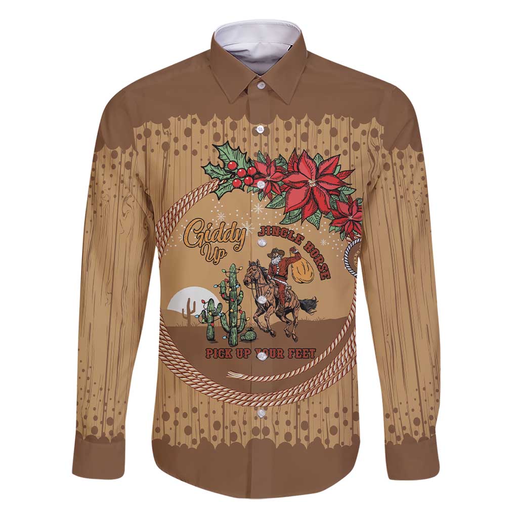 Cowboy Christmas Family Matching Short Sleeve Bodycon Dress and Hawaiian Shirt Giddy Up Jingle Horse Brown Version - Wonder Print Shop