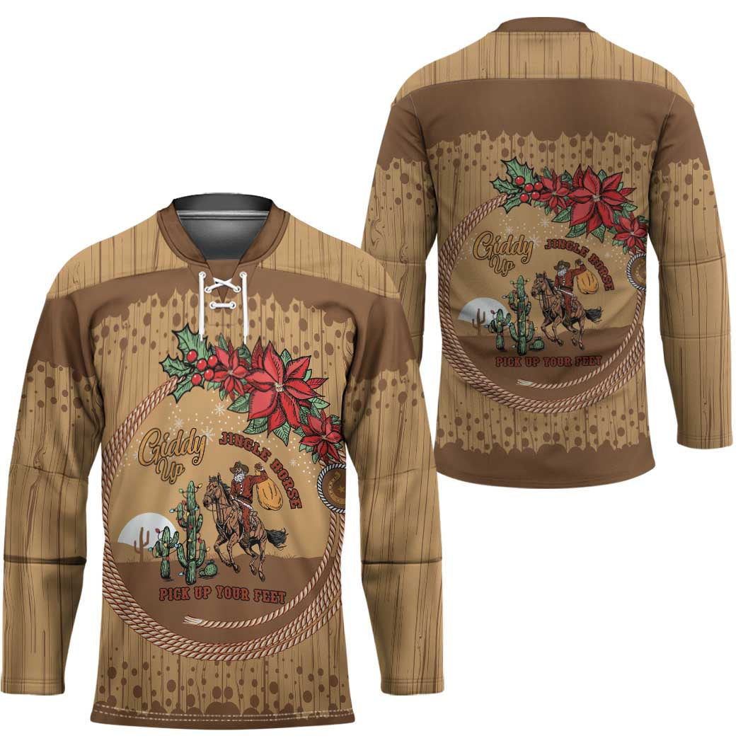 Cowboy Christmas Hockey Jersey Giddy Up Jingle Horse Brown Version - Wonder Print Shop