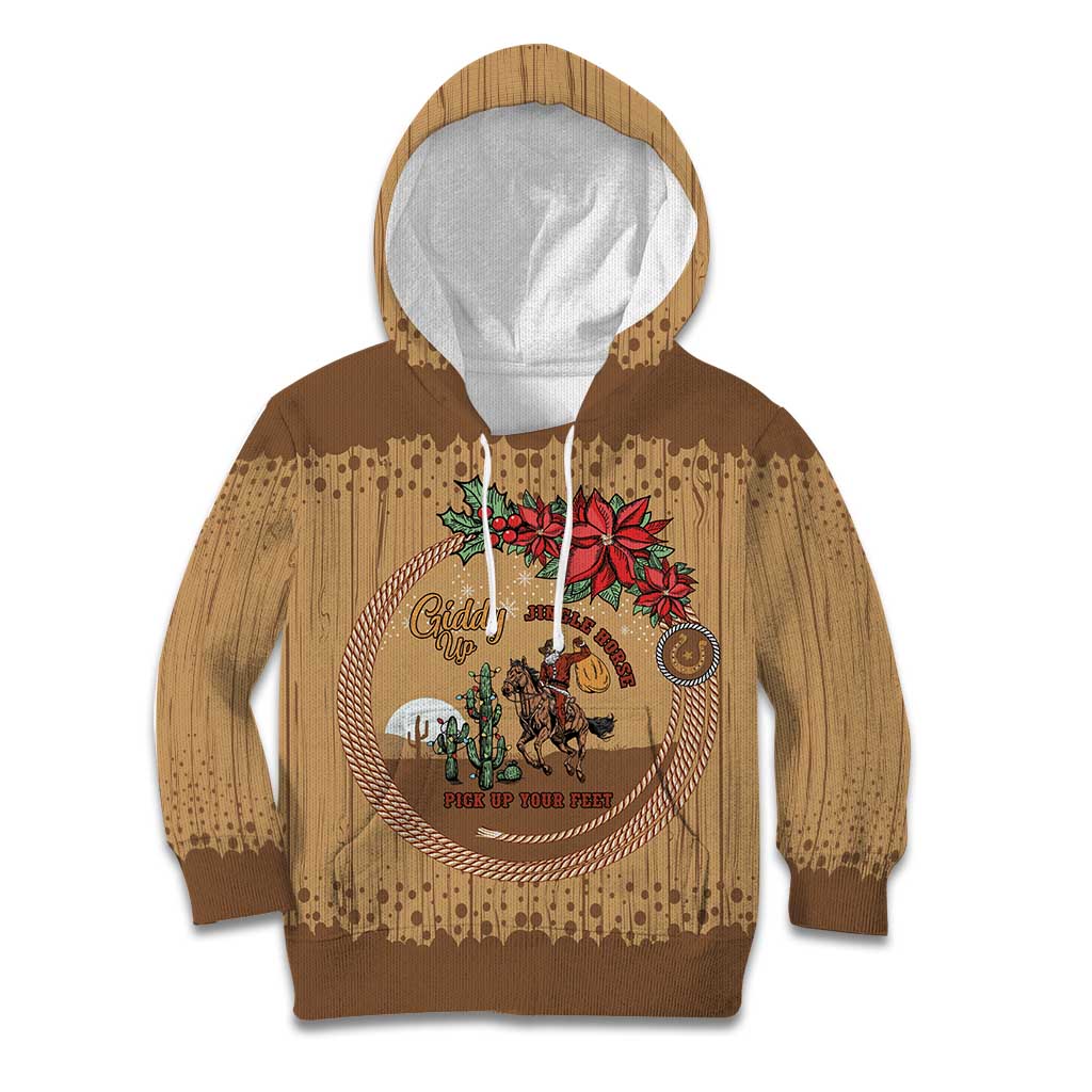 Cowboy Christmas Kid Hoodie Giddy Up Jingle Horse Brown Version - Wonder Print Shop