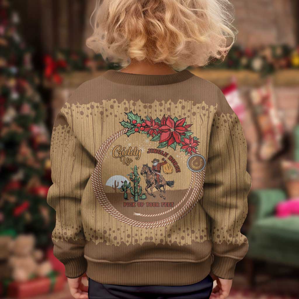 Cowboy Christmas Kid Ugly Christmas Sweater Giddy Up Jingle Horse Brown Version - Wonder Print Shop