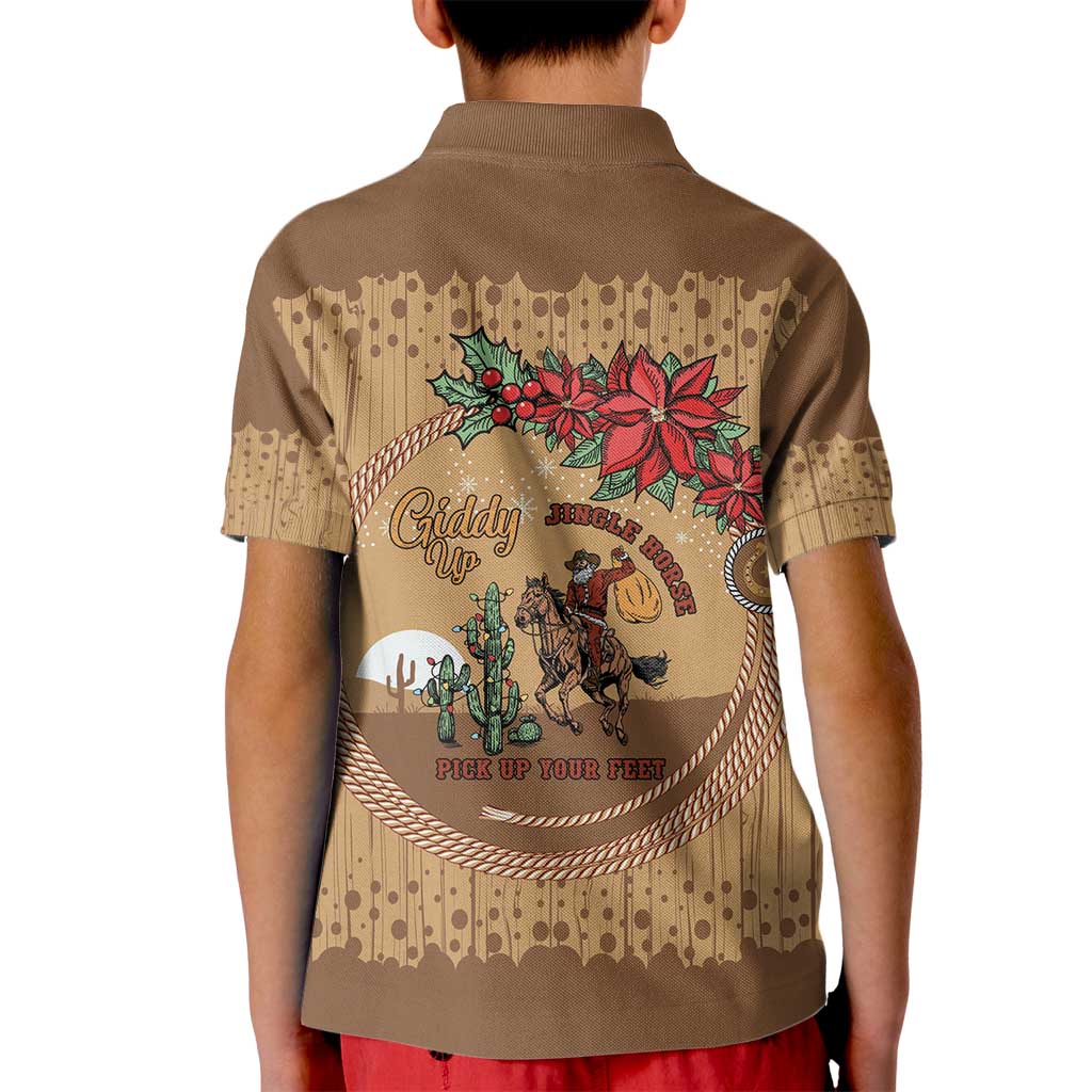 Cowboy Christmas Kid Polo Shirt Giddy Up Jingle Horse Brown Version - Wonder Print Shop