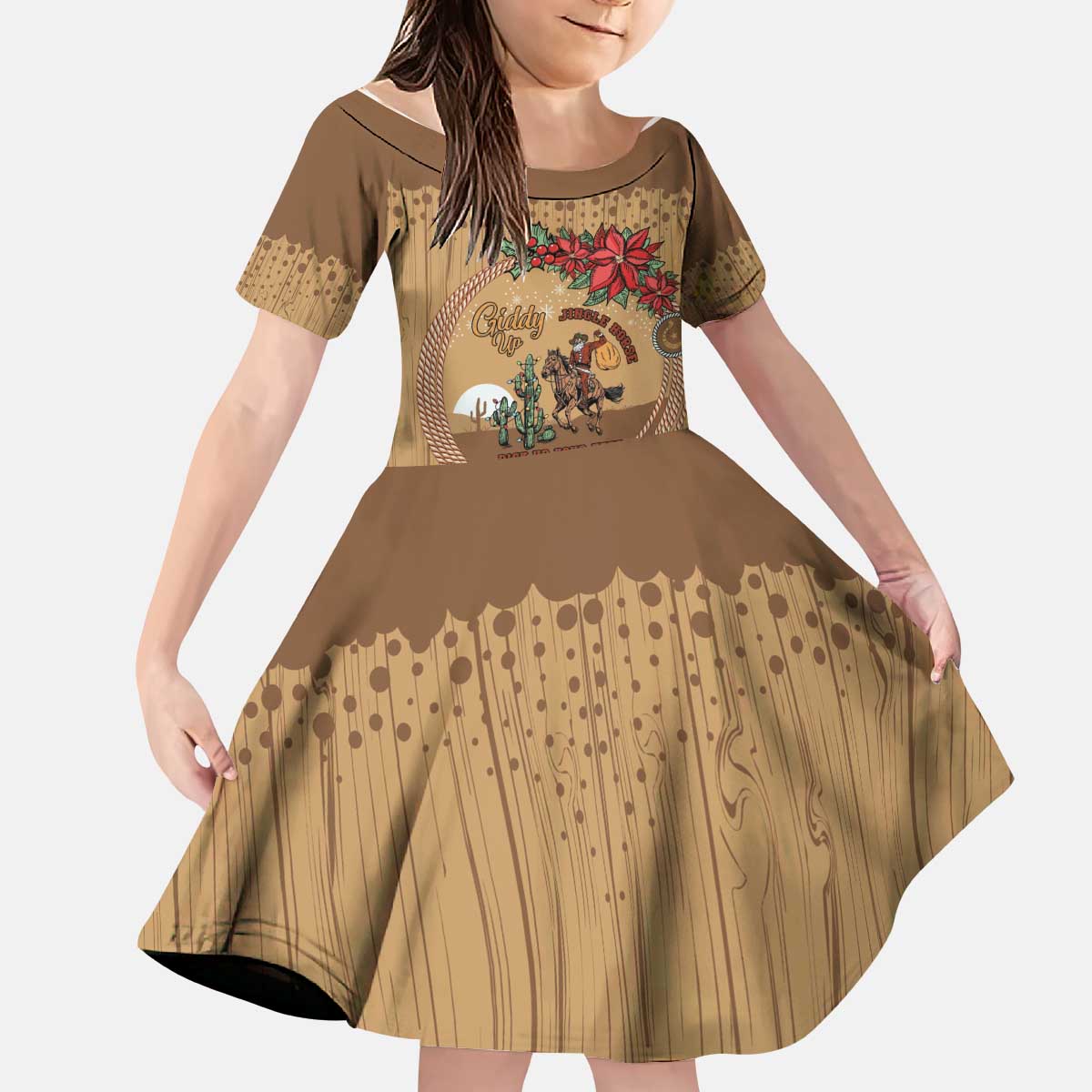 Cowboy Christmas Kid Short Sleeve Dress Giddy Up Jingle Horse Brown Version - Wonder Print Shop