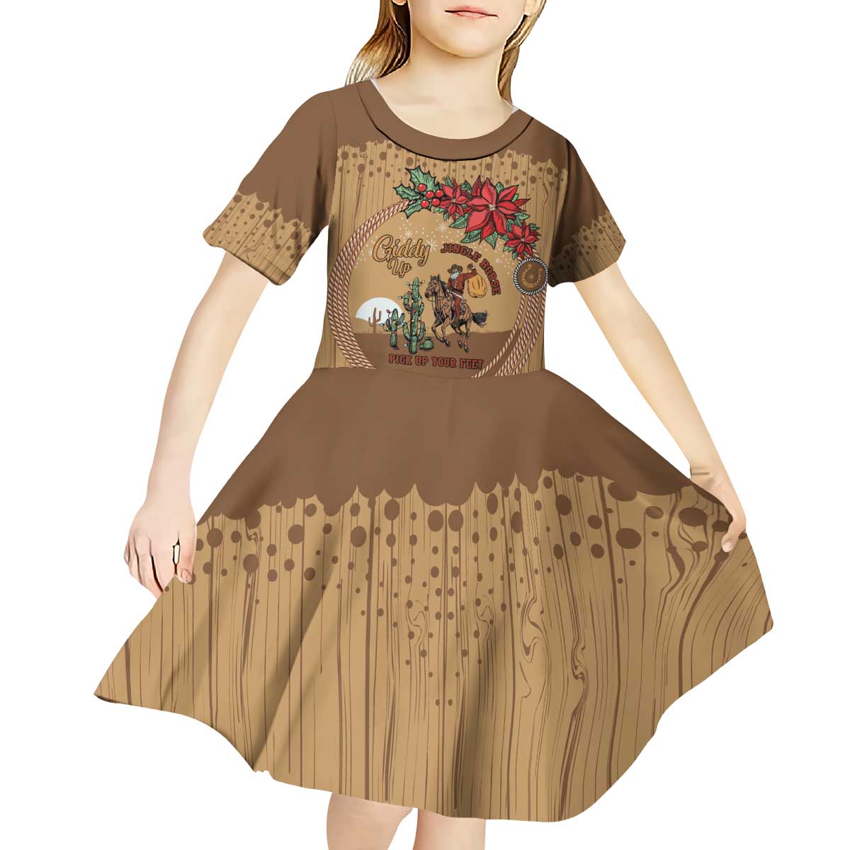 Cowboy Christmas Kid Short Sleeve Dress Giddy Up Jingle Horse Brown Version - Wonder Print Shop