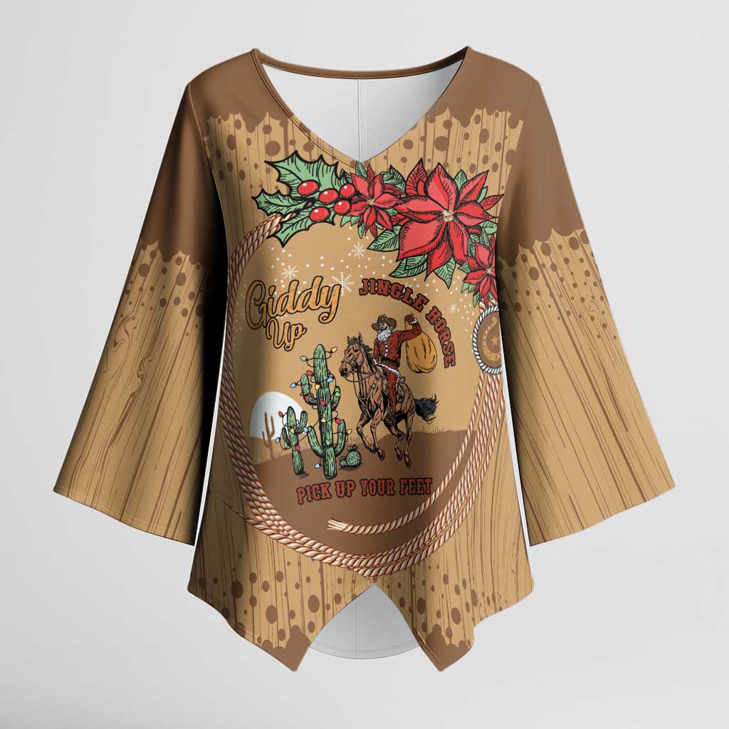 Cowboy Christmas Kimono Sleeve Blouse Giddy Up Jingle Horse Brown Version - Wonder Print Shop