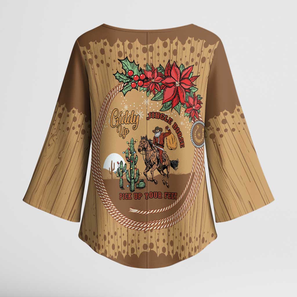 Cowboy Christmas Kimono Sleeve Blouse Giddy Up Jingle Horse Brown Version - Wonder Print Shop
