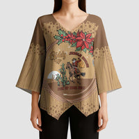 Cowboy Christmas Kimono Sleeve Blouse Giddy Up Jingle Horse Brown Version - Wonder Print Shop