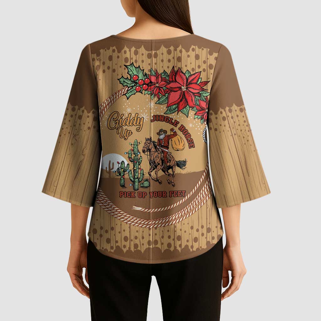 Cowboy Christmas Kimono Sleeve Blouse Giddy Up Jingle Horse Brown Version - Wonder Print Shop