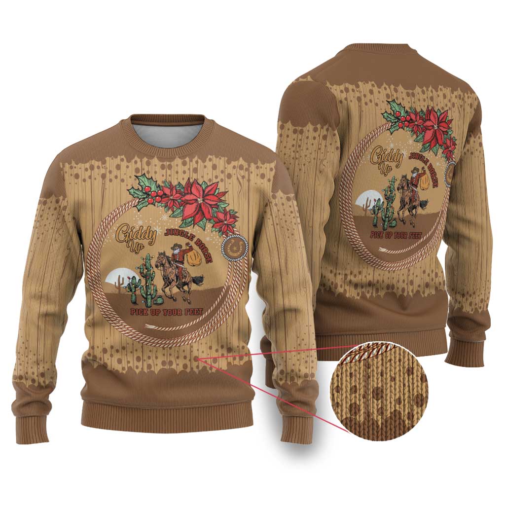 Cowboy Christmas Ugly Christmas Sweater Giddy Up Jingle Horse Brown Version - Wonder Print Shop