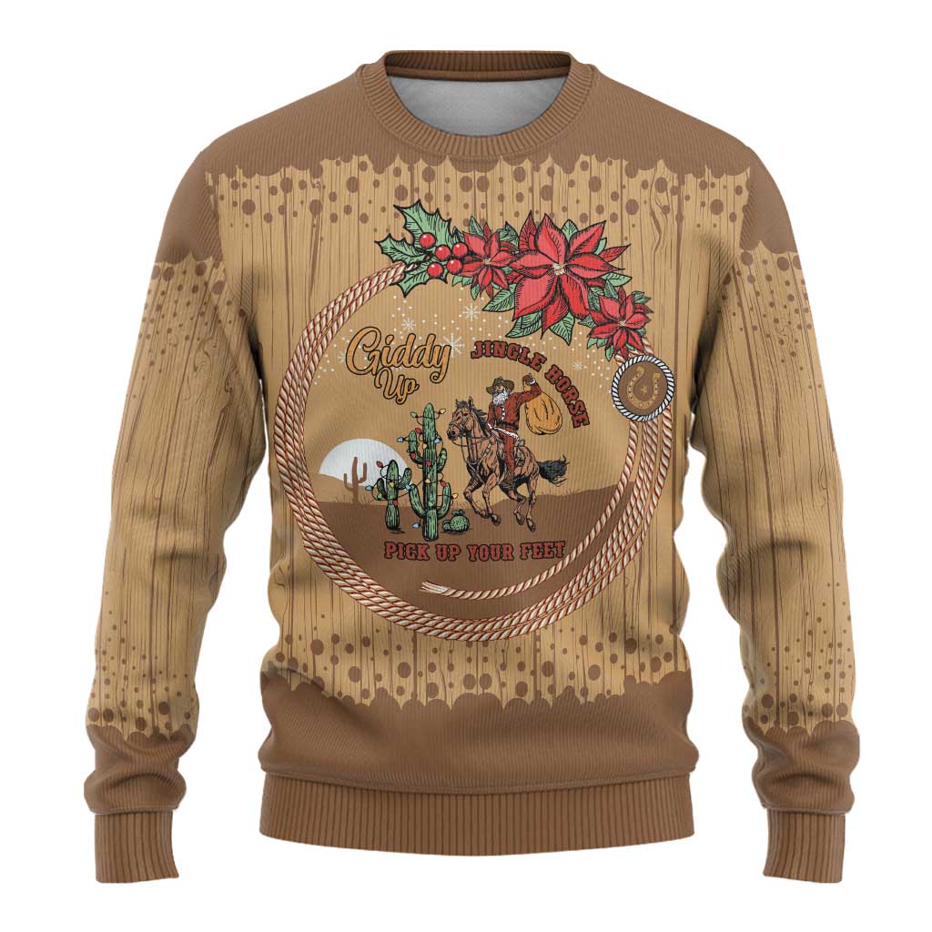 Cowboy Christmas Ugly Christmas Sweater Giddy Up Jingle Horse Brown Version - Wonder Print Shop