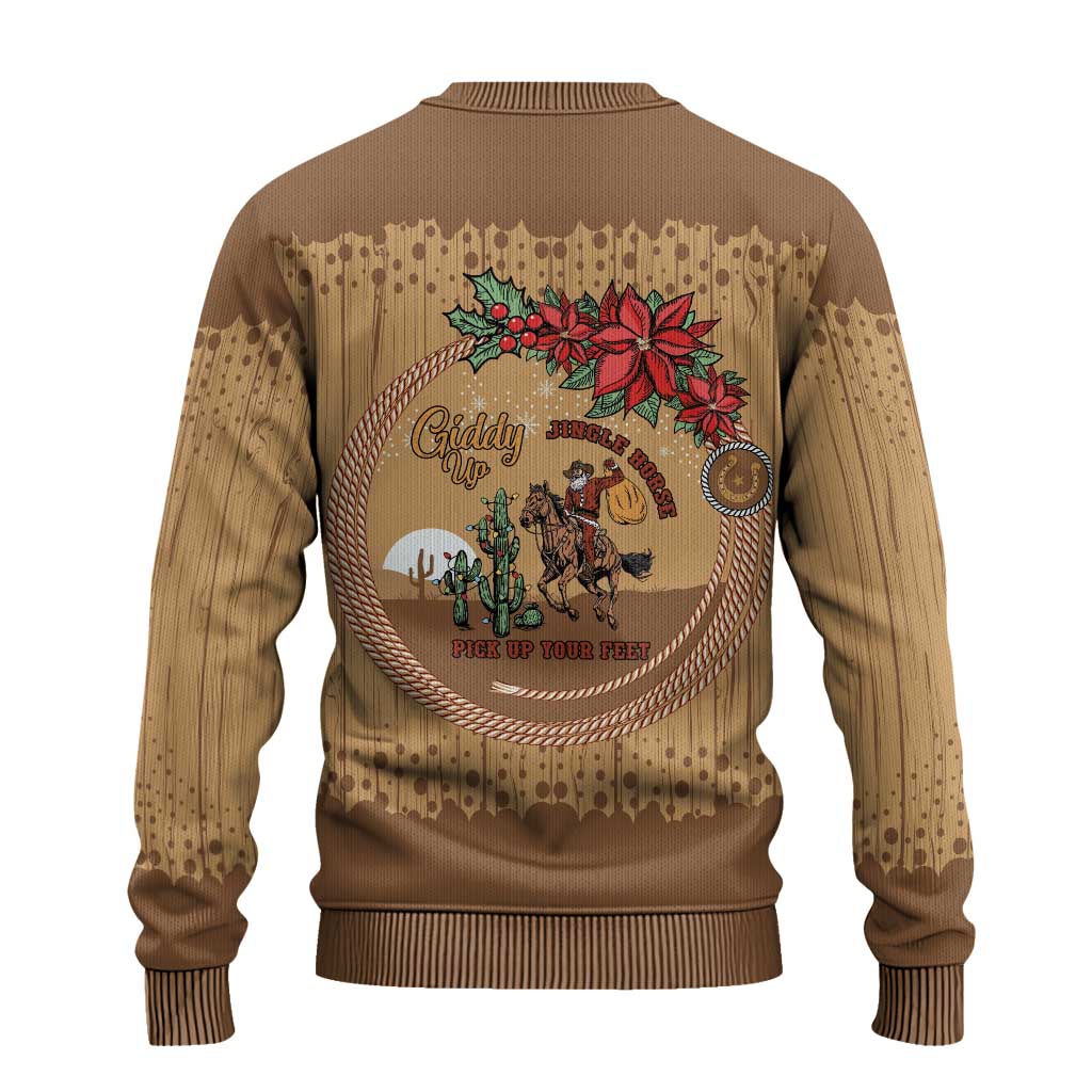 Cowboy Christmas Ugly Christmas Sweater Giddy Up Jingle Horse Brown Version - Wonder Print Shop