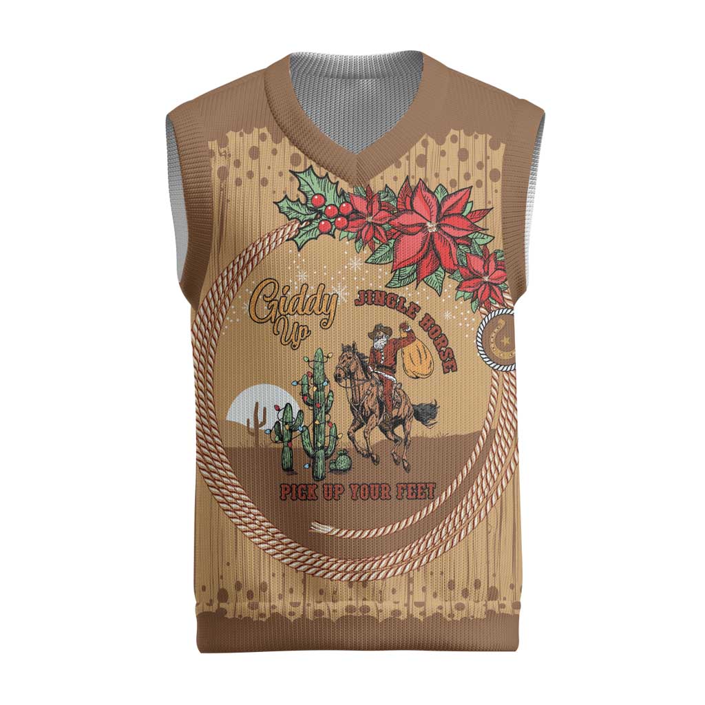 Cowboy Christmas Knitted V-Neck Vest Giddy Up Jingle Horse Brown Version - Wonder Print Shop