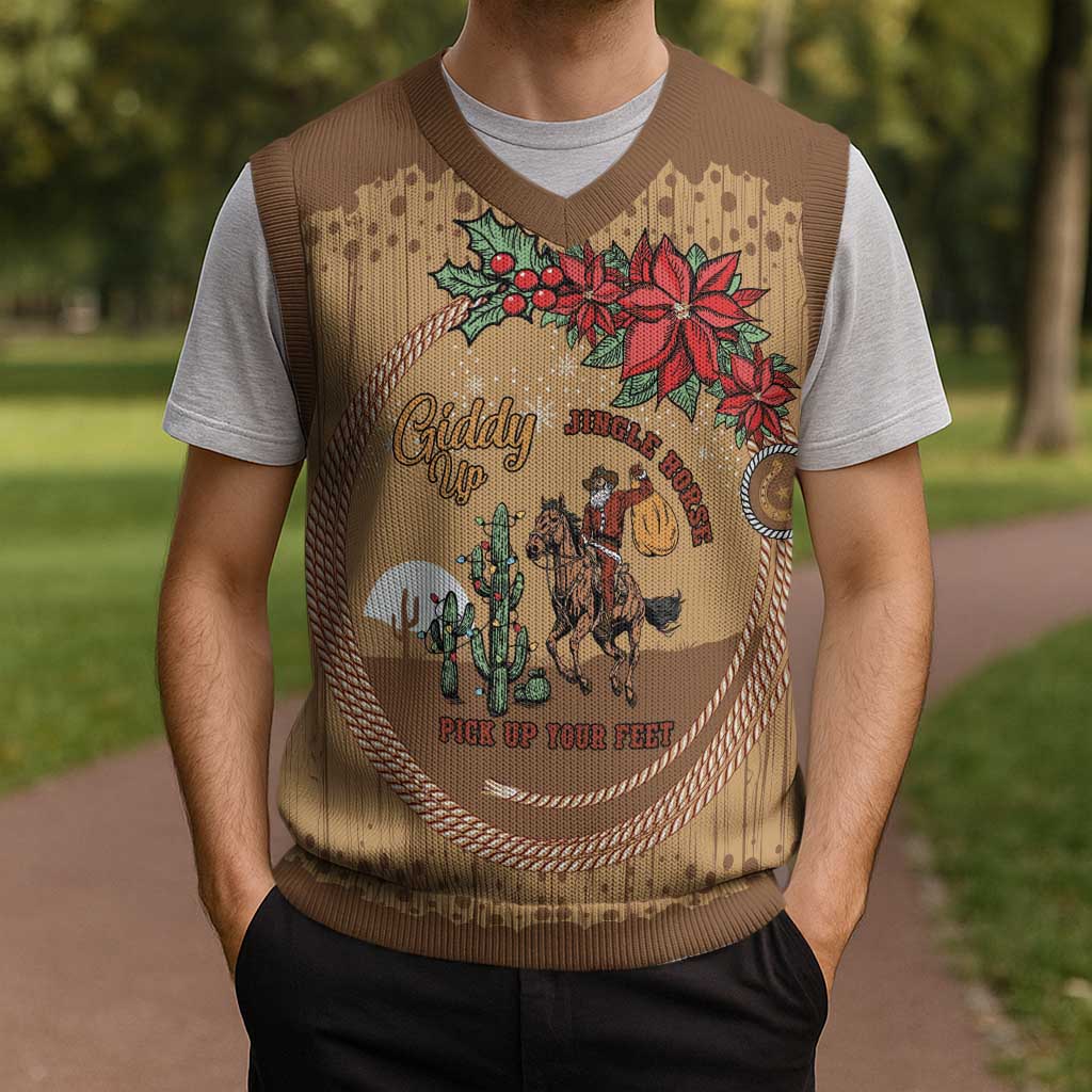 Cowboy Christmas Knitted V-Neck Vest Giddy Up Jingle Horse Brown Version - Wonder Print Shop