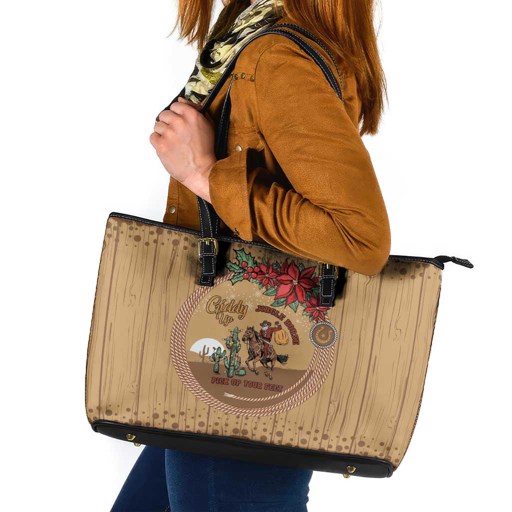 Cowboy Christmas Leather Tote Bag Giddy Up Jingle Horse Brown Version - Wonder Print Shop