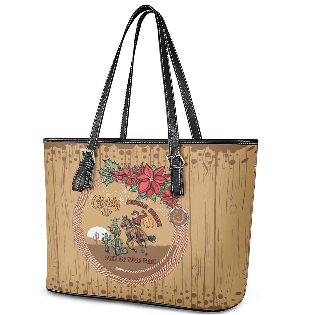 Cowboy Christmas Leather Tote Bag Giddy Up Jingle Horse Brown Version - Wonder Print Shop